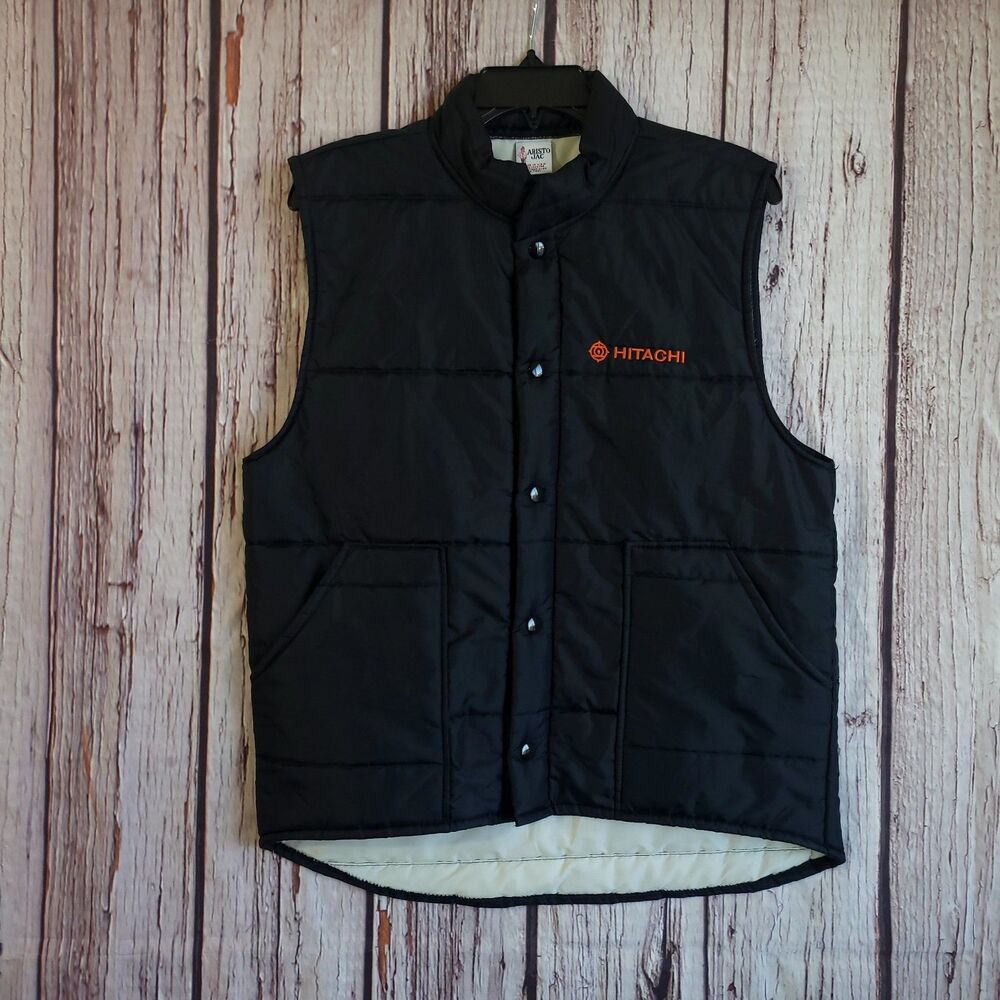 Aristo Jac Mens Black Hitachi 70s Vintage Insulated Puffer Vest  Snap Medium